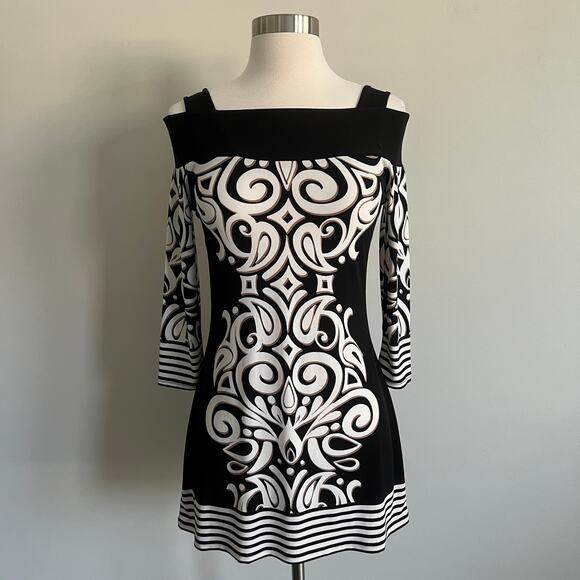 Cache Swirl Striped Cold Shoulder Tunic Dress XS Black Beige - Picture 2 of 7